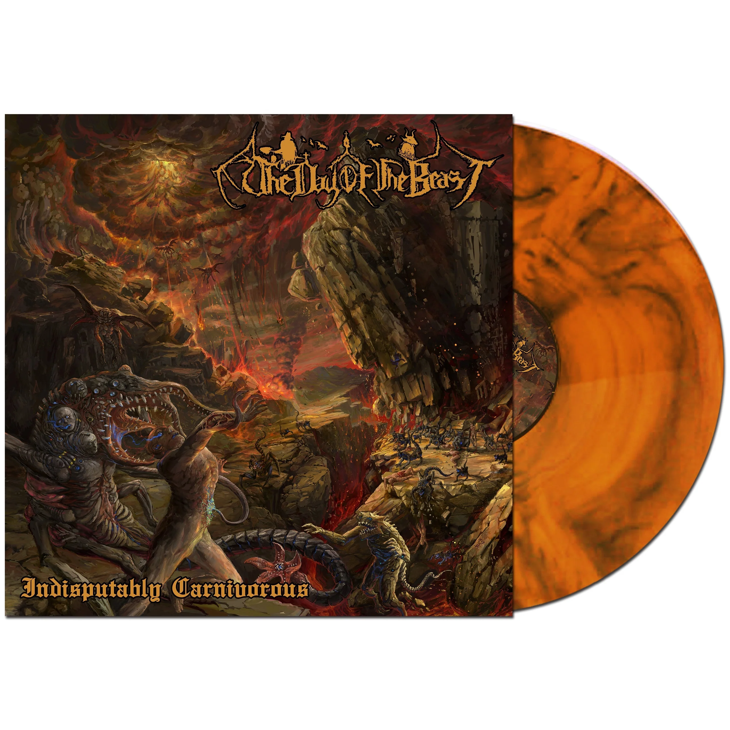 The Day of the Beast INDISPUTABLY CARNIVOROUS LP on Orange Flame with Black Swirl Vinyl